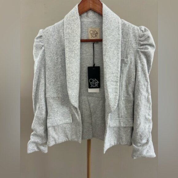 Chaser Heather Grey Puff Sleeve Open Sweatshirt  Blazer XS Cotton BNWT Jacket - Picture 1 of 7
